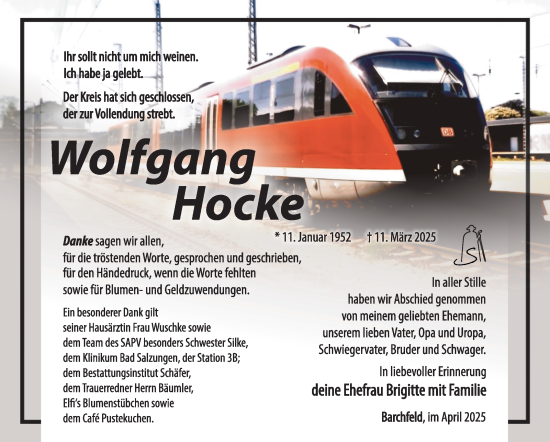 Traueranzeige von Wolfgang Hocke von Südthüringer Presse