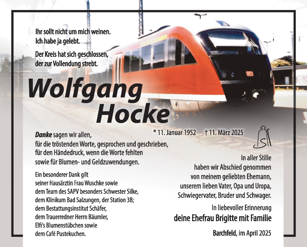  Traueranzeige für Wolfgang Hocke vom 05.04.2025 aus Südthüringer Presse