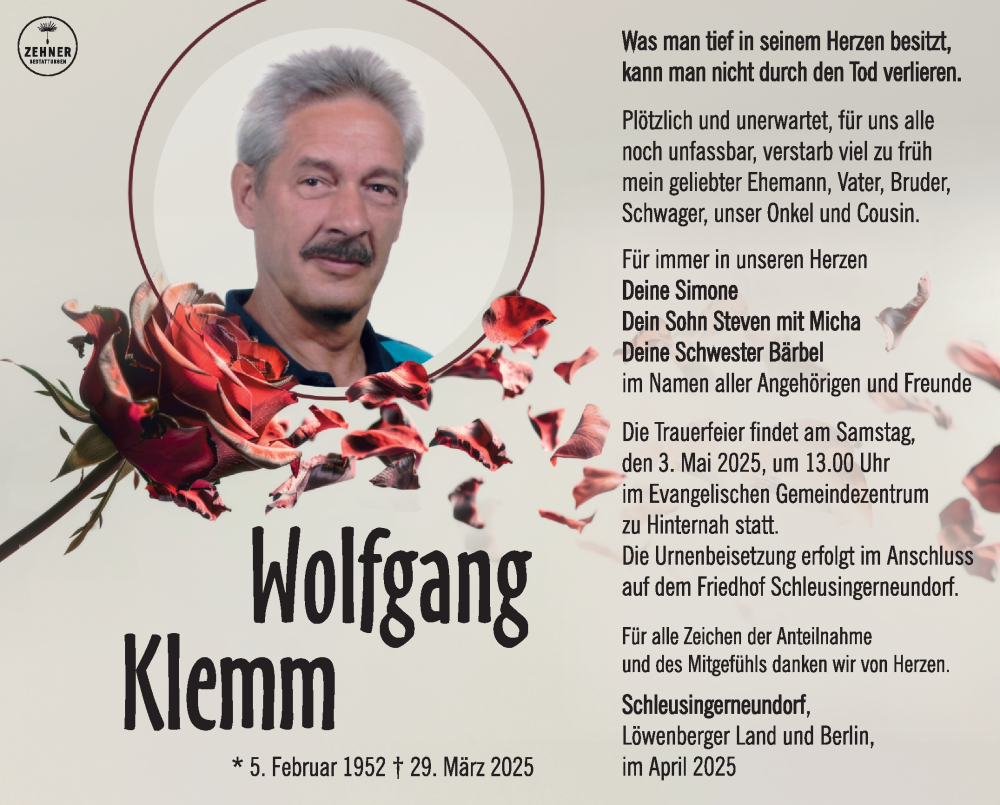  Traueranzeige für Wolfgang Klemm vom 19.04.2025 aus Südthüringer Presse