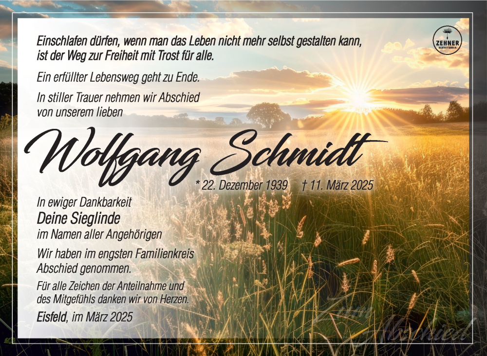  Traueranzeige für Wolfgang Schmidt vom 19.04.2025 aus Südthüringer Presse