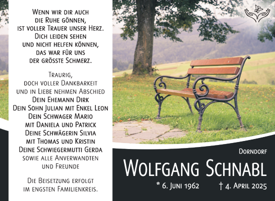 Traueranzeige von Wolfgang Schnabl von Südthüringer Presse