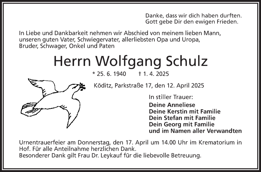  Traueranzeige für Wolfgang Schulz vom 12.04.2025 aus Frankenpost