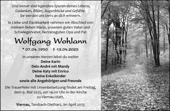 Traueranzeige von Wolfgang Wohlann von Südthüringer Presse