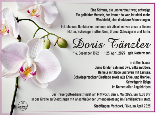 Traueranzeige von Doris Tänzler von Südthüringer Presse