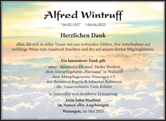 Traueranzeige von Alfred Wintruff von Südthüringer Presse