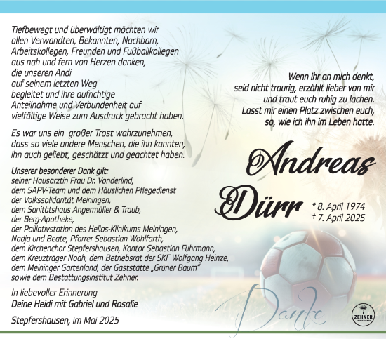 Traueranzeige von Andreas Dürr von Südthüringer Presse