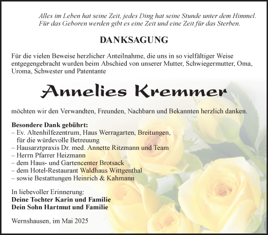 Traueranzeige von Annelies Kremmer von Südthüringer Presse