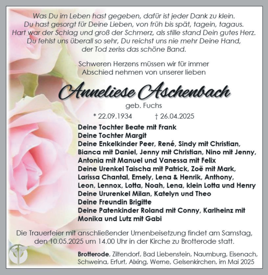 Traueranzeige von Anneliese Aschenbach von Südthüringer Presse