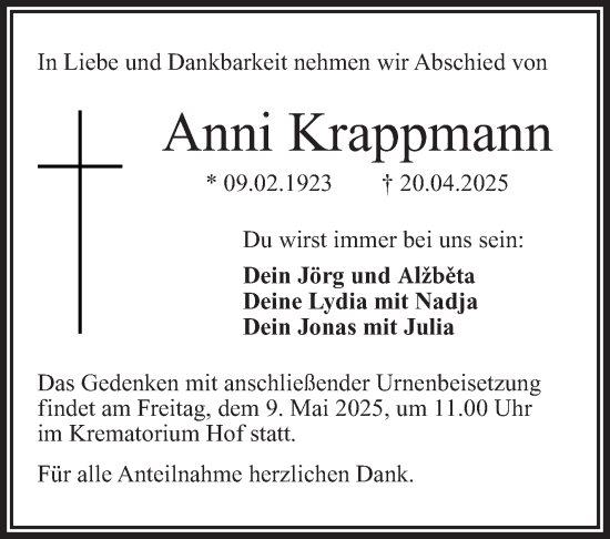 Traueranzeige von Anni Krappmann von Frankenpost