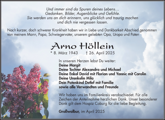 Traueranzeige von Arno Höllein von Neue Presse Coburg