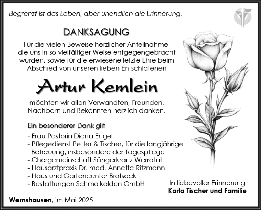  Traueranzeige für Artur Kemlein vom 17.05.2025 aus Südthüringer Presse