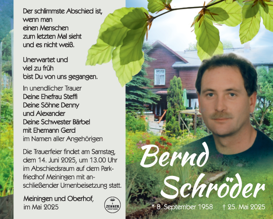 Traueranzeige von Bernd Schröder von Südthüringer Presse