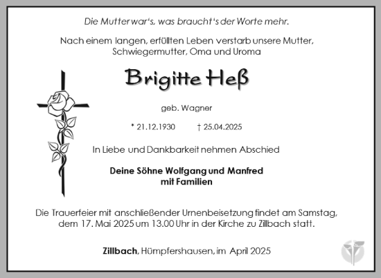 Traueranzeige von Brigitte Heß von Südthüringer Presse