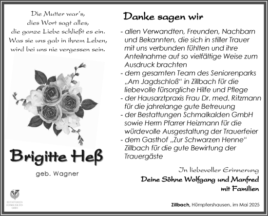 Traueranzeige von Brigitte Heß von Südthüringer Presse