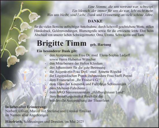 Traueranzeige von Brigitte Timm von Südthüringer Presse