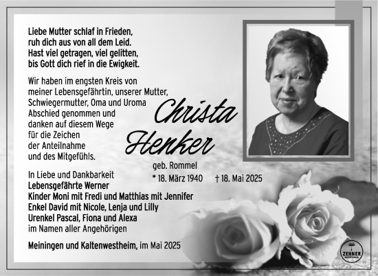 Traueranzeige von Christa Henker von Südthüringer Presse