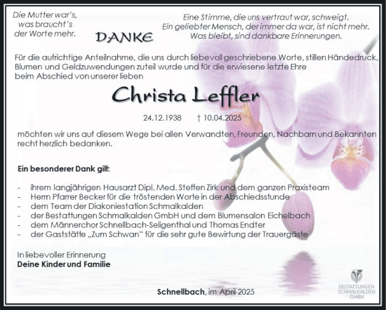 Traueranzeige von Christa Leffler von Südthüringer Presse