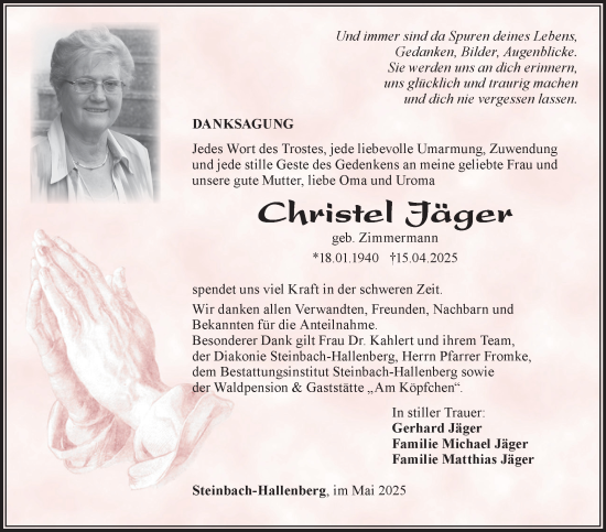 Traueranzeige von Christel Jäger von Südthüringer Presse