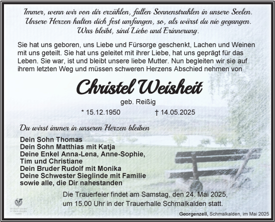 Traueranzeige von Christel Weisheit von Südthüringer Presse