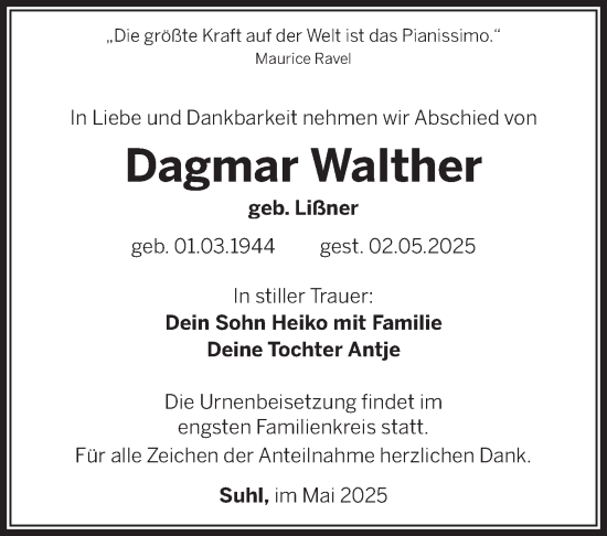 Traueranzeige von Dagmar Walther von Südthüringer Presse