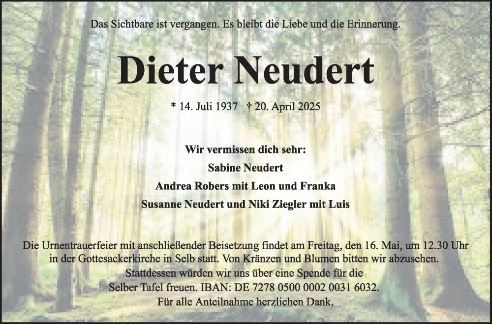  Traueranzeige für Dieter Neudert vom 13.05.2025 aus Frankenpost
