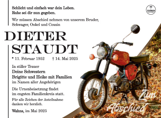 Traueranzeige von Dieter Staudt von Südthüringer Presse