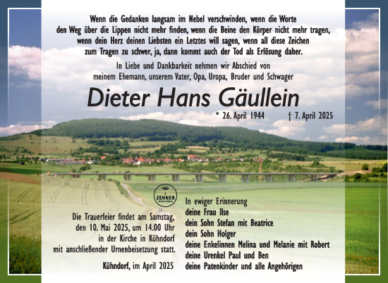Traueranzeige von Dieter Hans Gäullein von Südthüringer Presse
