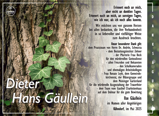 Traueranzeige von Dieter Hans Gäullein von Südthüringer Presse