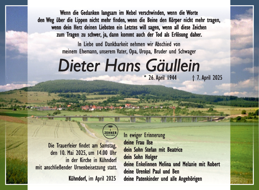  Traueranzeige für Dieter Hans Gäullein vom 03.05.2025 aus Südthüringer Presse