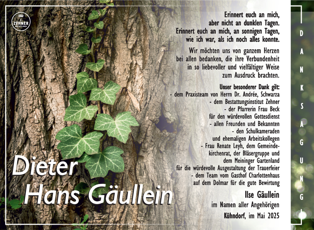  Traueranzeige für Dieter Hans Gäullein vom 24.05.2025 aus Südthüringer Presse