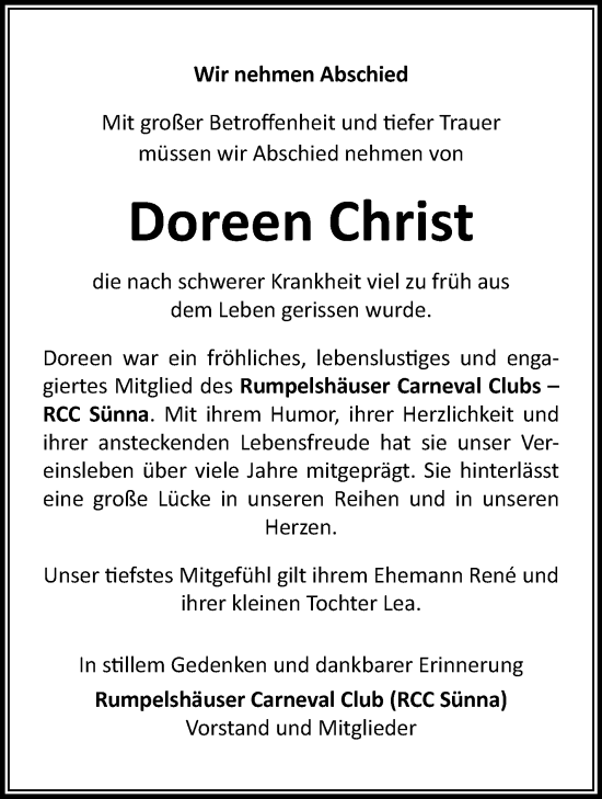 Traueranzeige von Doreen Christ von Südthüringer Presse