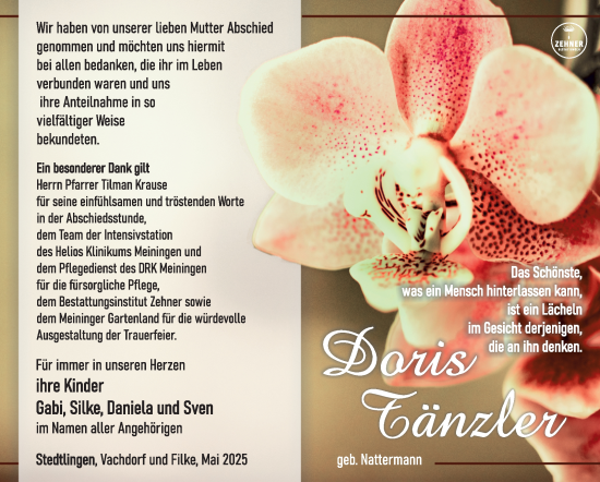 Traueranzeige von Doris Tänzler von Südthüringer Presse
