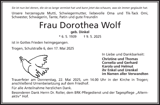 Traueranzeige von Dorothea Wolf von Frankenpost