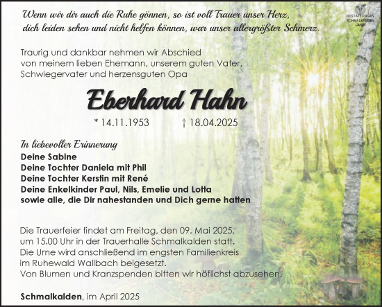 Traueranzeige von Eberhard Hahn von Südthüringer Presse