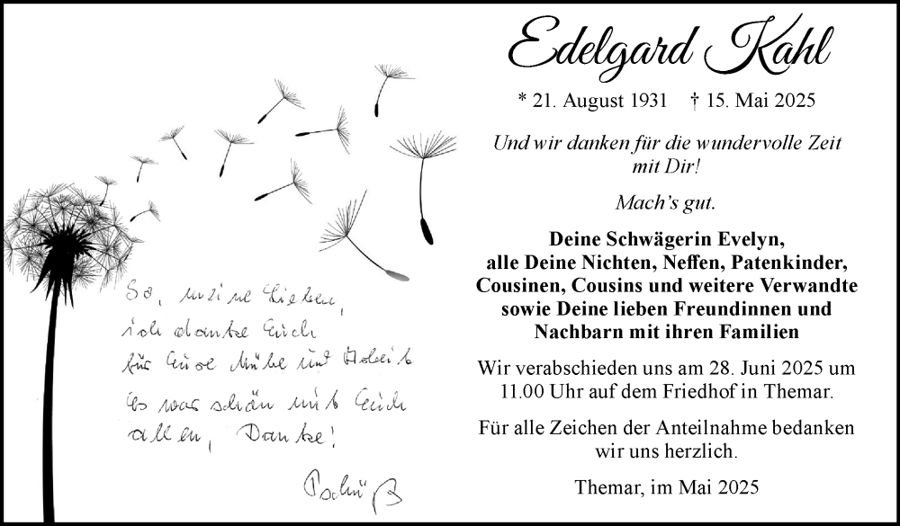  Traueranzeige für Edelgard Kahl vom 28.05.2025 aus Südthüringer Presse