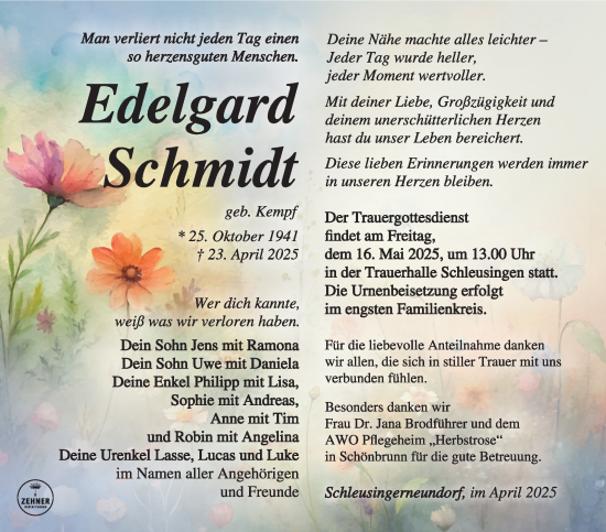 Traueranzeige von Edelgard Schmidt von Südthüringer Presse