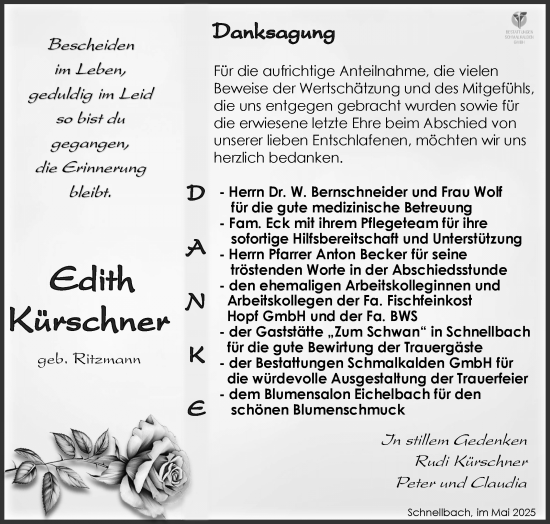 Traueranzeige von Edith Kürschner von Südthüringer Presse
