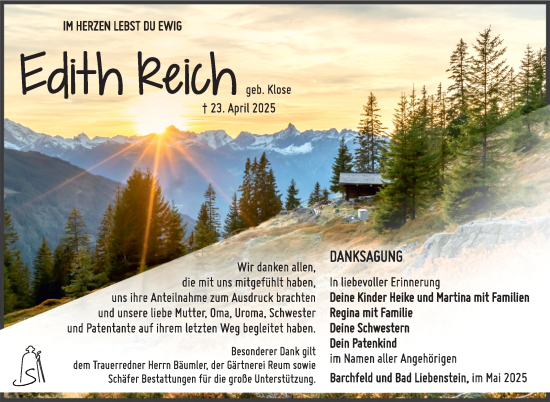 Traueranzeige von Edith Reich von Südthüringer Presse