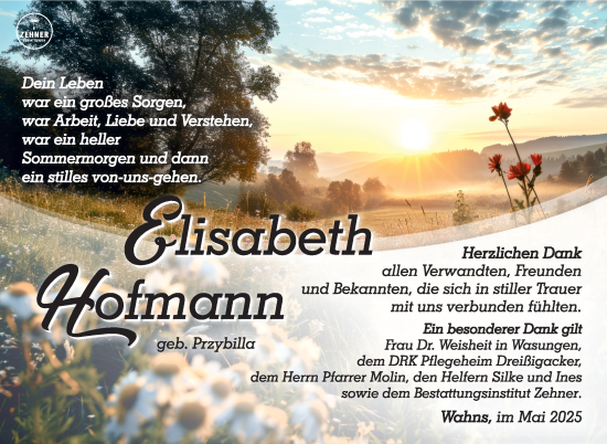 Traueranzeige von Elisabeth Hofmann von Südthüringer Presse