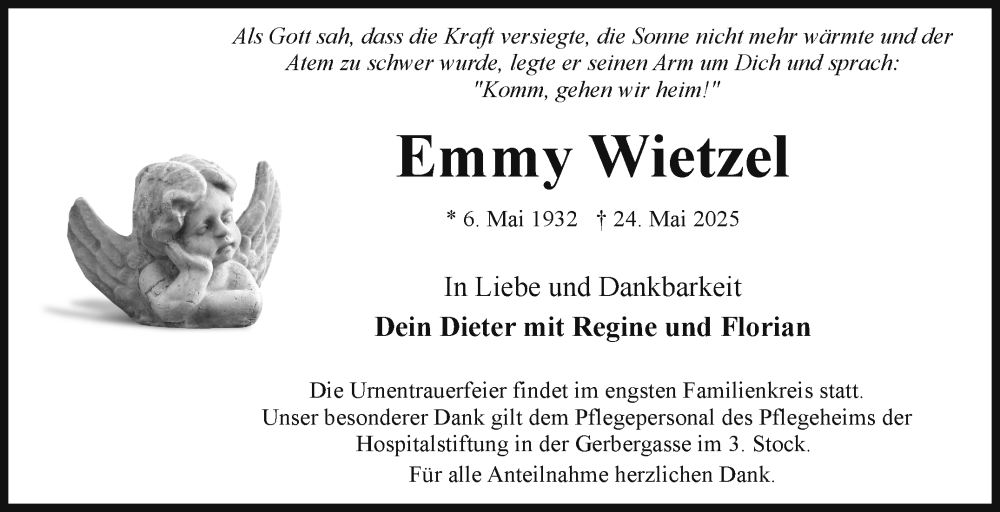  Traueranzeige für Emmy Wietzel vom 31.05.2025 aus Frankenpost