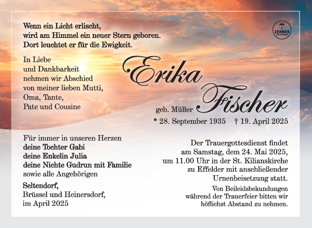  Traueranzeige für Erika Fischer vom 17.05.2025 aus Südthüringer Presse