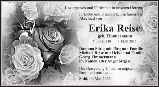 Traueranzeige von Erika Reise von Südthüringer Presse