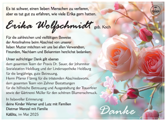 Traueranzeige von Erika Wolfschmidt von Südthüringer Presse