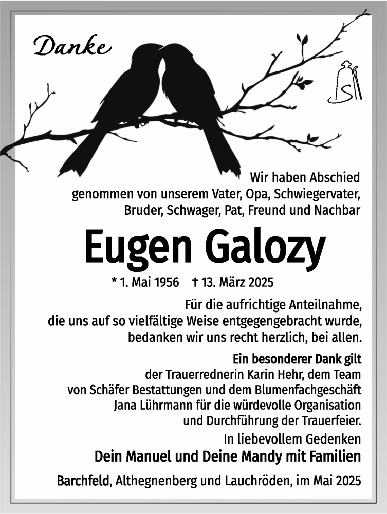  Traueranzeige für Eugen Galozy vom 31.05.2025 aus Südthüringer Presse