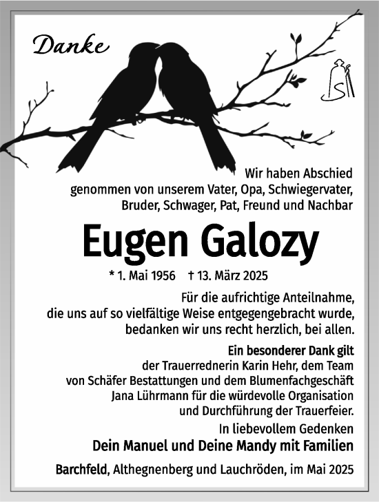 Traueranzeige von Eugen Galozy von Südthüringer Presse