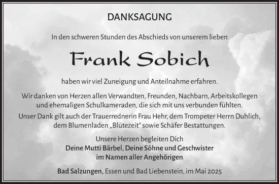 Traueranzeige von Frank Sobich von Südthüringer Presse