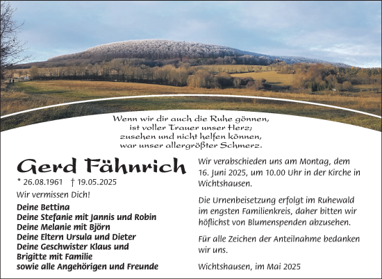 Traueranzeige von Gerd Fähnrich von Südthüringer Presse