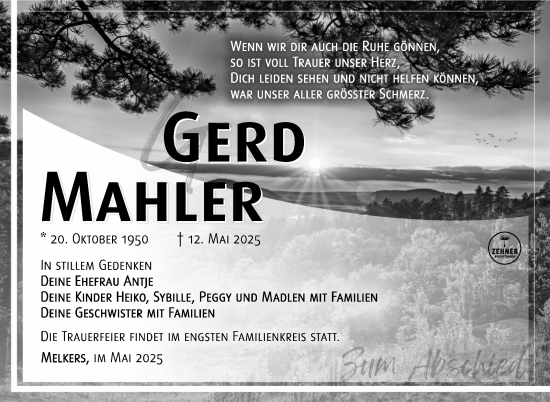 Traueranzeige von Gerd Mahler von Südthüringer Presse