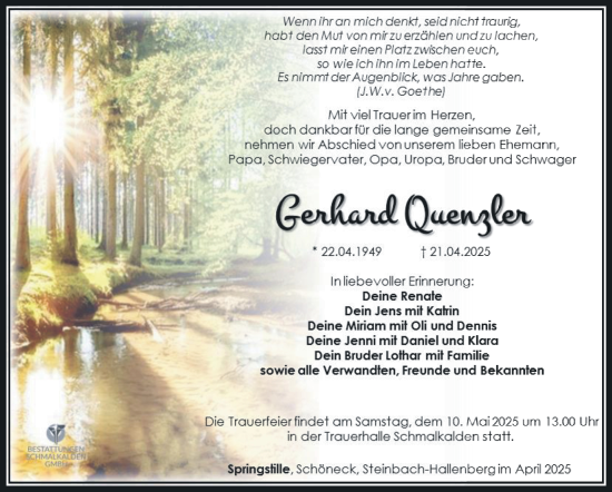 Traueranzeige von Gerhard Quenzler von Südthüringer Presse