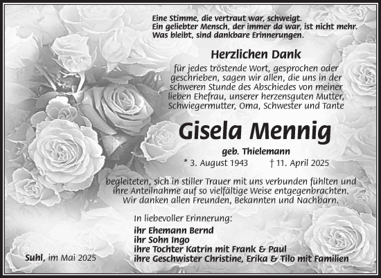 Traueranzeige von Gisela Mennig von Südthüringer Presse